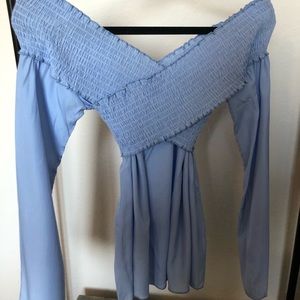 Long sleeve satin dusty blue top